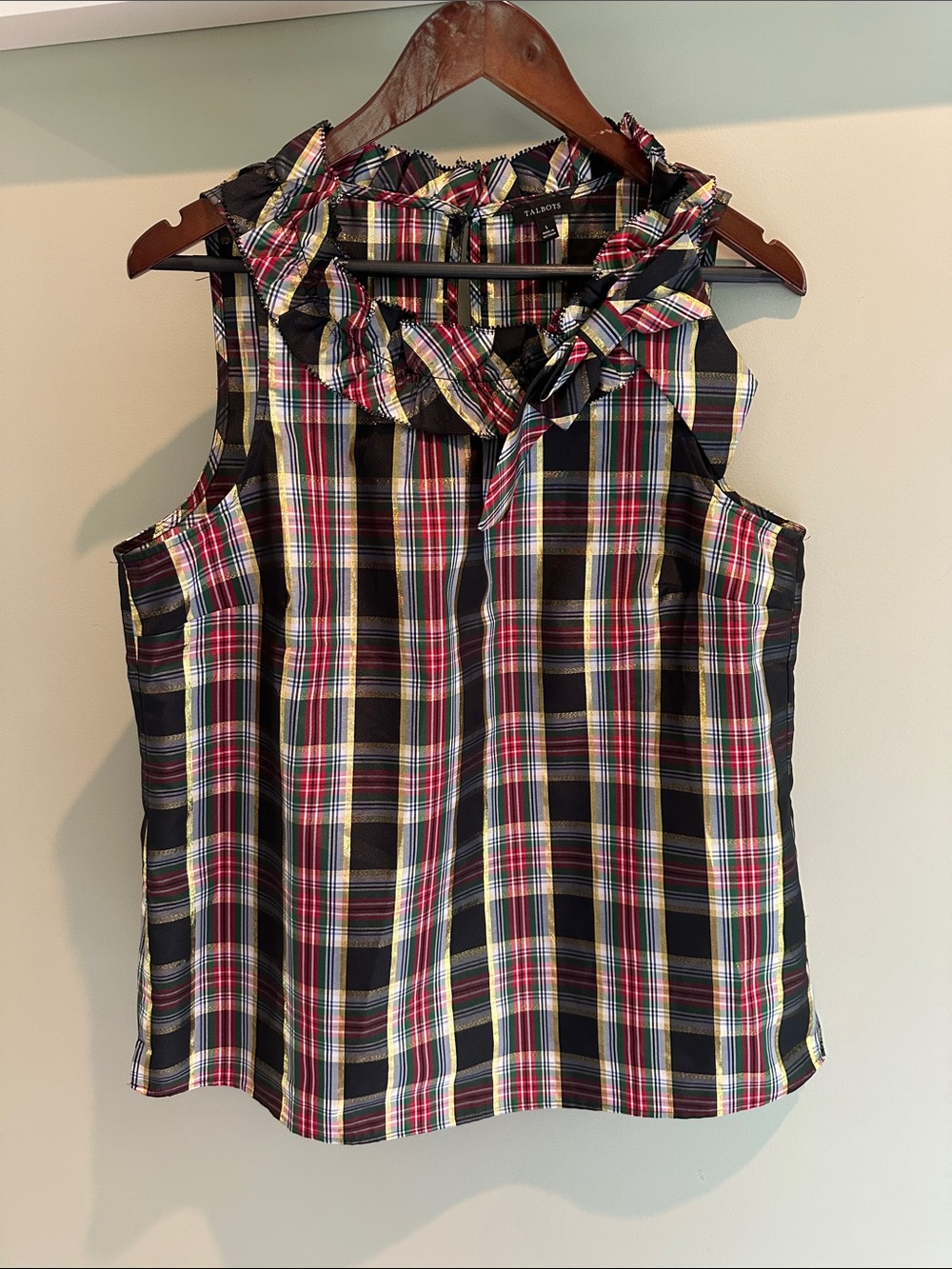 Talbots Black Plaid Ruffle-Neck Sleeveless Top